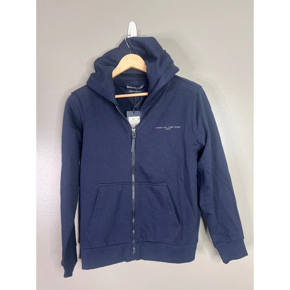 Big Star Severus Zip Hoodie Boys Navy Blue Organic Cotton Sweatshirt Size 11/12